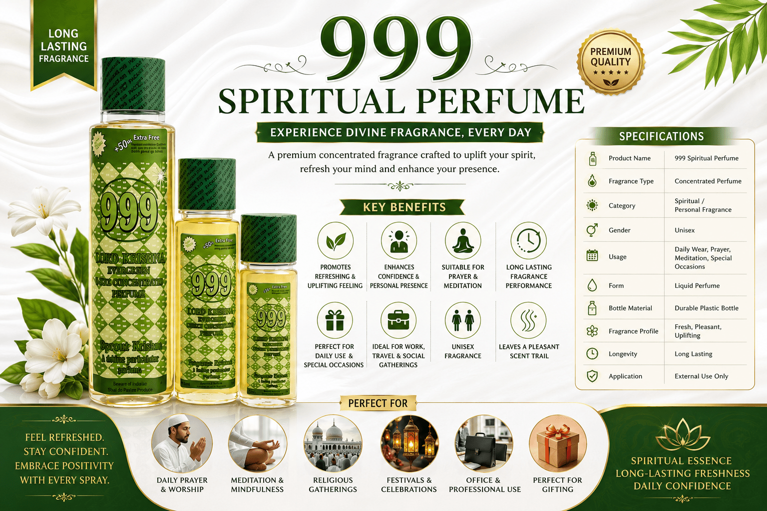 999 Spiritual Perfume Lord Krisna Evergreen Eau De Cologne - Long Lasting Spiritual Anointing Fragrance - Perfume - Cherubim Aura