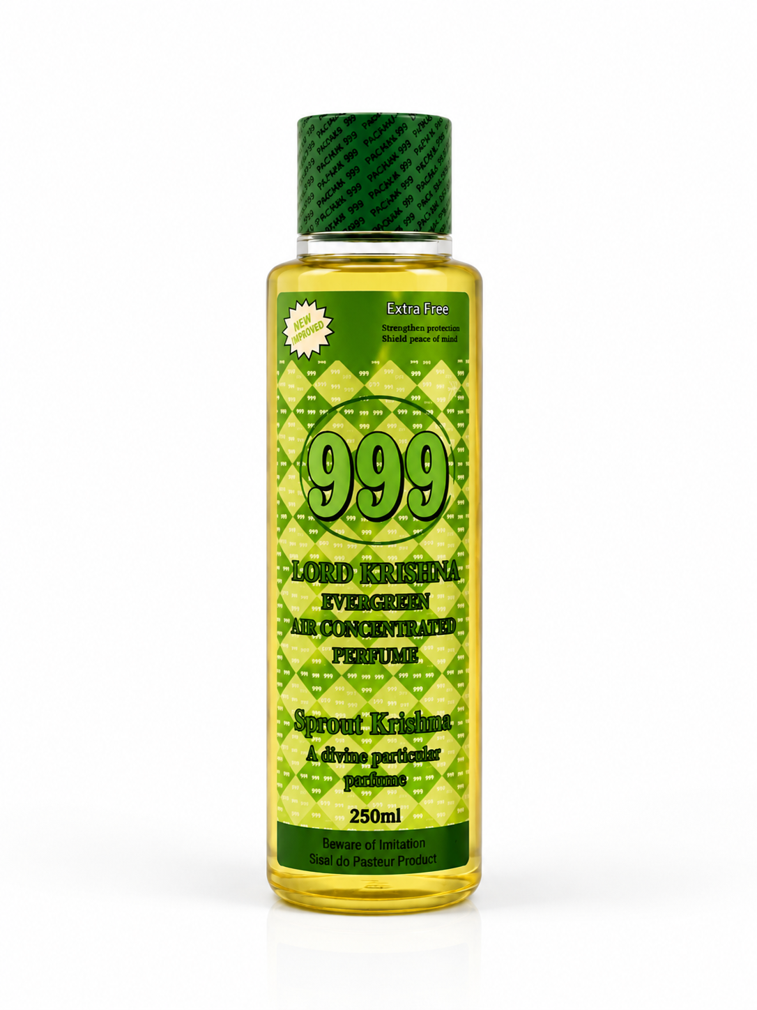 A 250ml bottle of 999 Lord Krushna Ayurvedic Evaculatory Air Concentrate Perfume, featuring a green and yellow patterned label and a dark green cap, set against a plain white background.