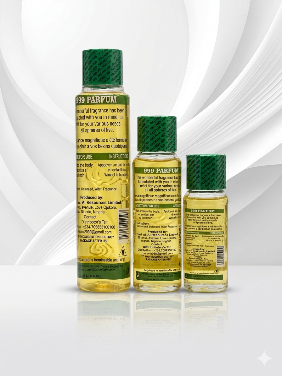 Three bottles of 999 Parfum on a white background