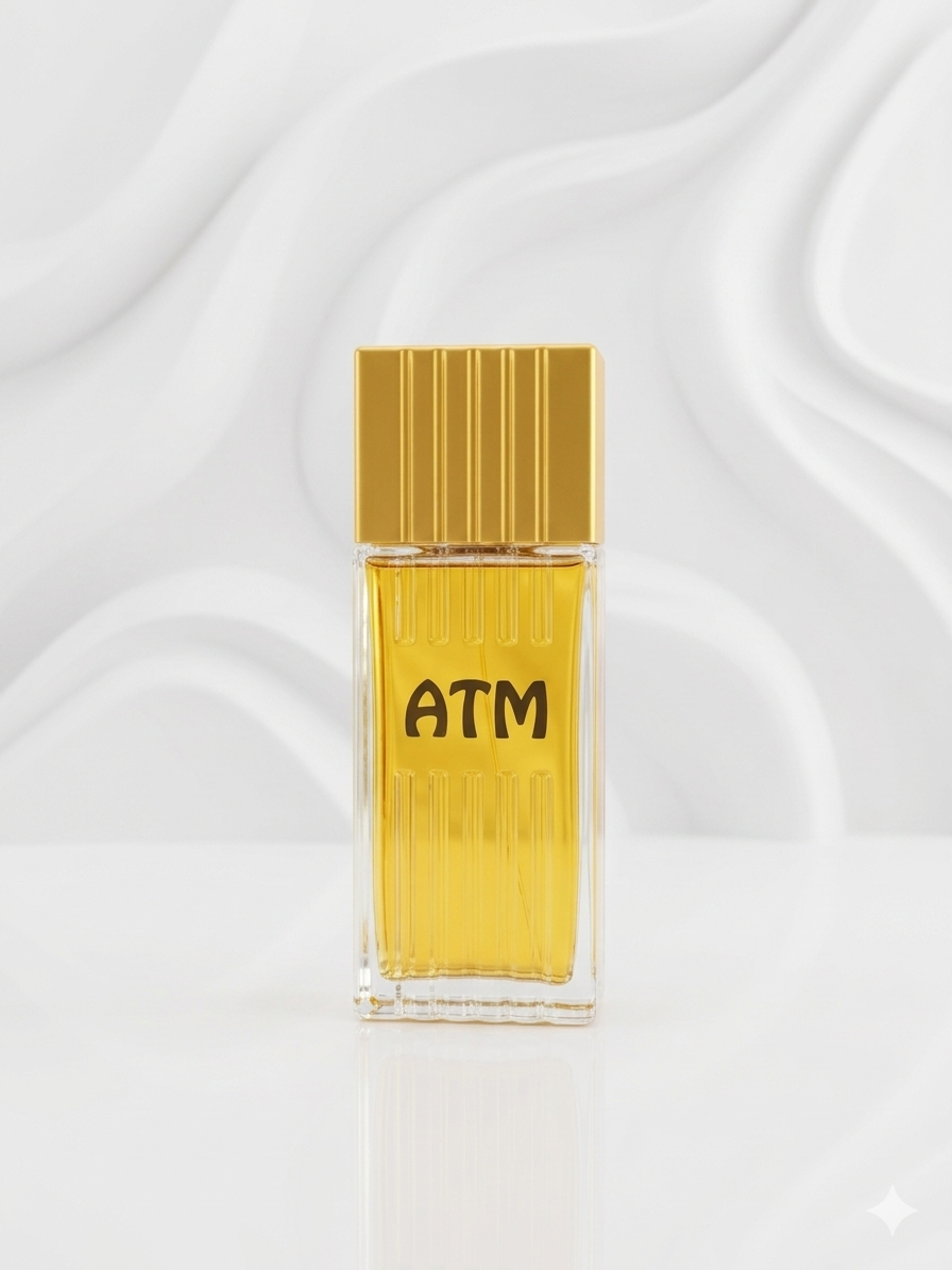 Yellow perfume bottle with 'ATM' branding on a white background