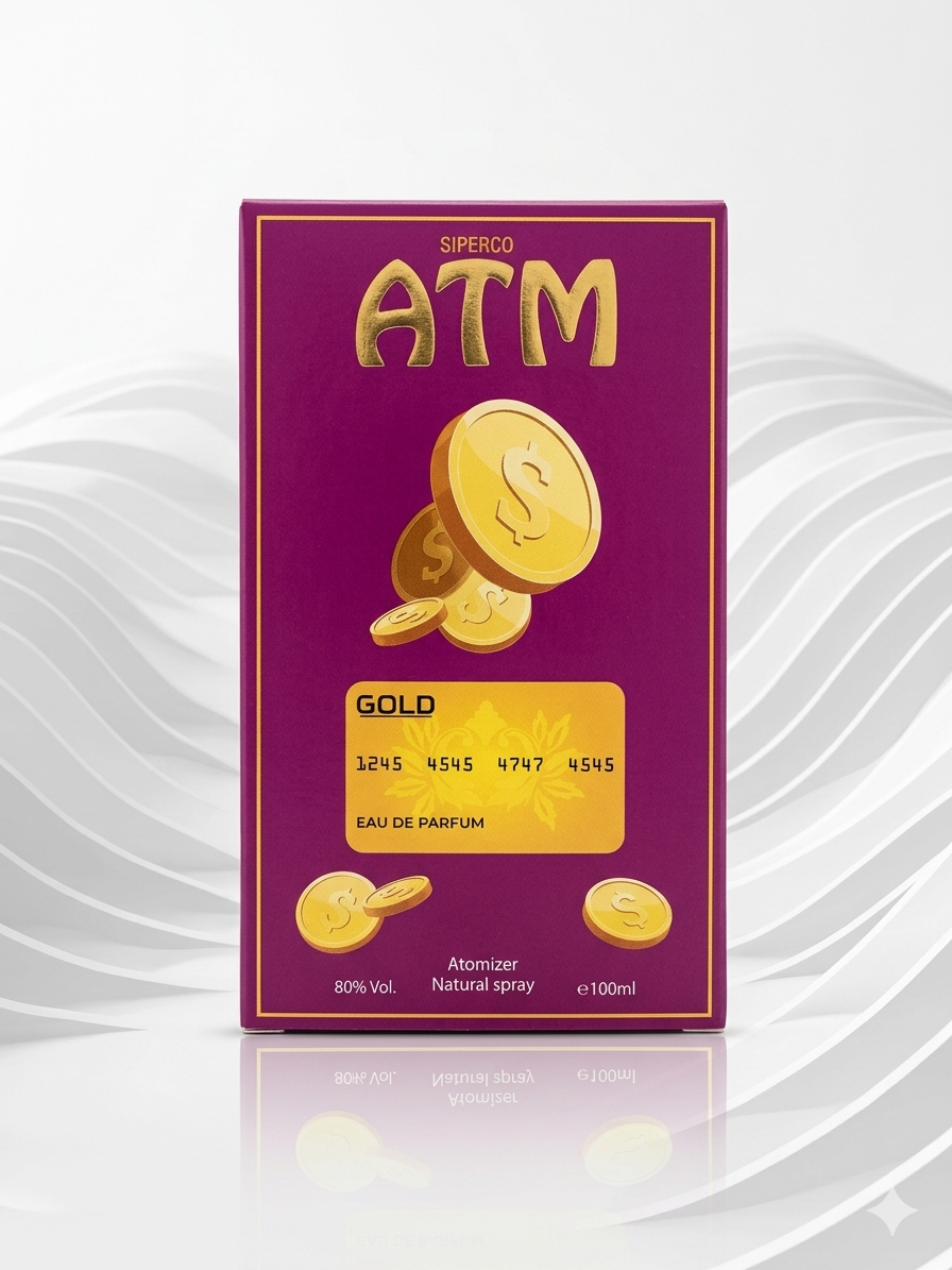 Purple box of Siperco ATM Gold Eau de Parfum with gold coins on a white background