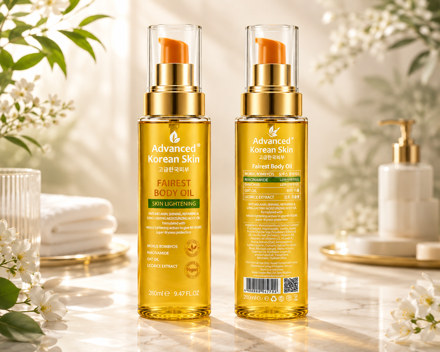 Two bottles of Advanced Korean Skin Fairest Body Oil on a blurred background with flowers.