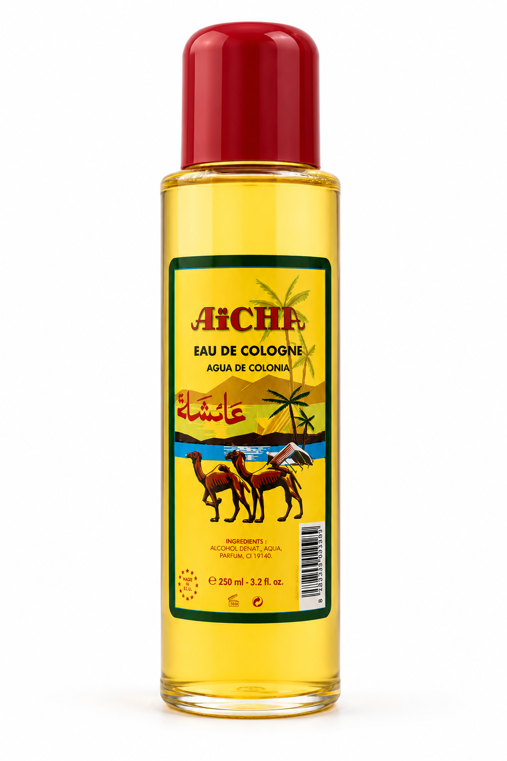 A bottle of A'Chir Eau de Cologne with a red cap on a white background