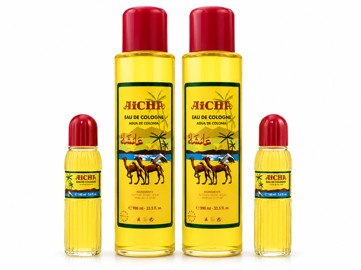 Four Aicho cologne bottles with yellow liquid and red caps on a white background