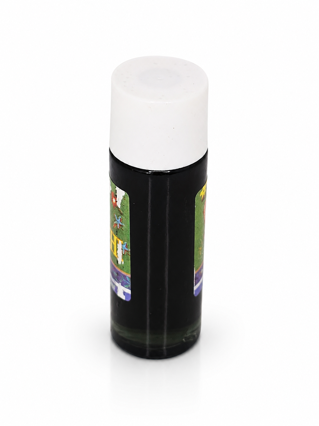 A small cylindrical bottle with a white cap and a dark body, featuring a colorful printed label on the side, photographed on a plain white background.