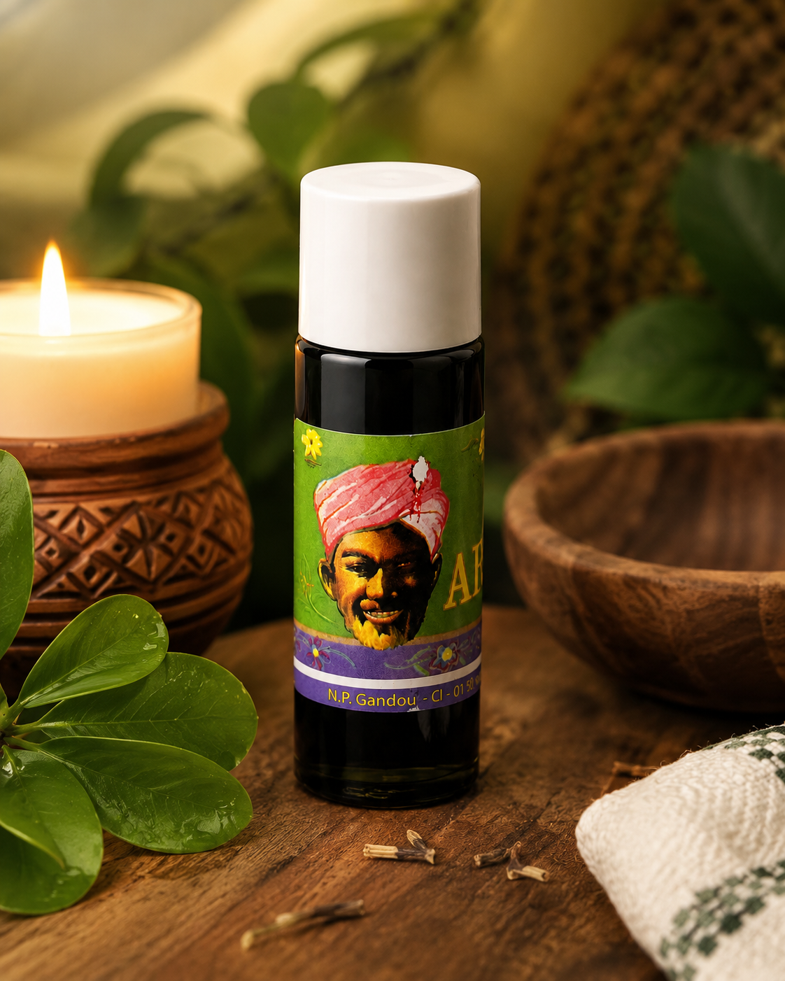 A small cylindrical bottle with a white cap and a green label featuring a portrait, standing on a wooden surface. The bottle is styled with a lit candle, green leaves, a wooden bowl, and dried herbs in a warm, natural setting.