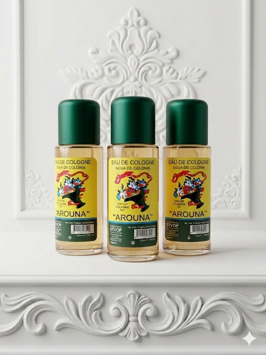 Three bottles of Arouna cologne on a decorative white background