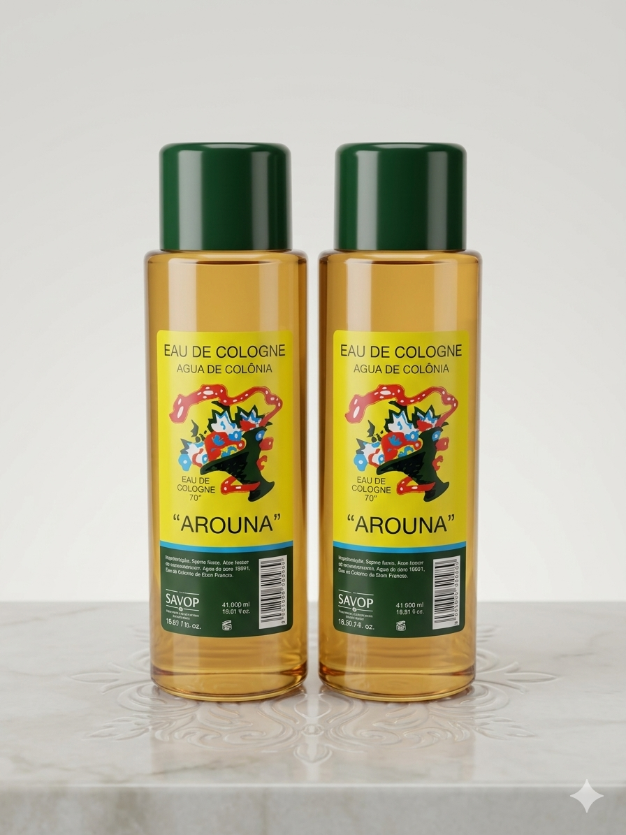 Two bottles of Arouna cologne on a light gray background