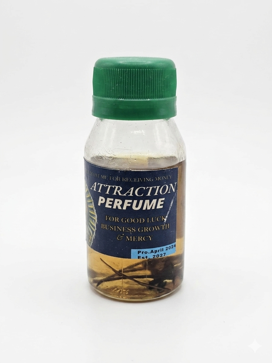 Bottle of 'Attraction Perfume' with a green cap on a white background