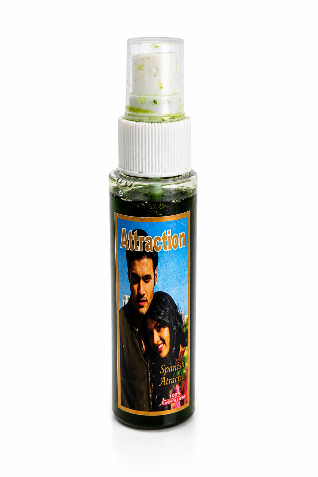Spray bottle labeled 'Attraction' with a colorful label featuring two people on a white background