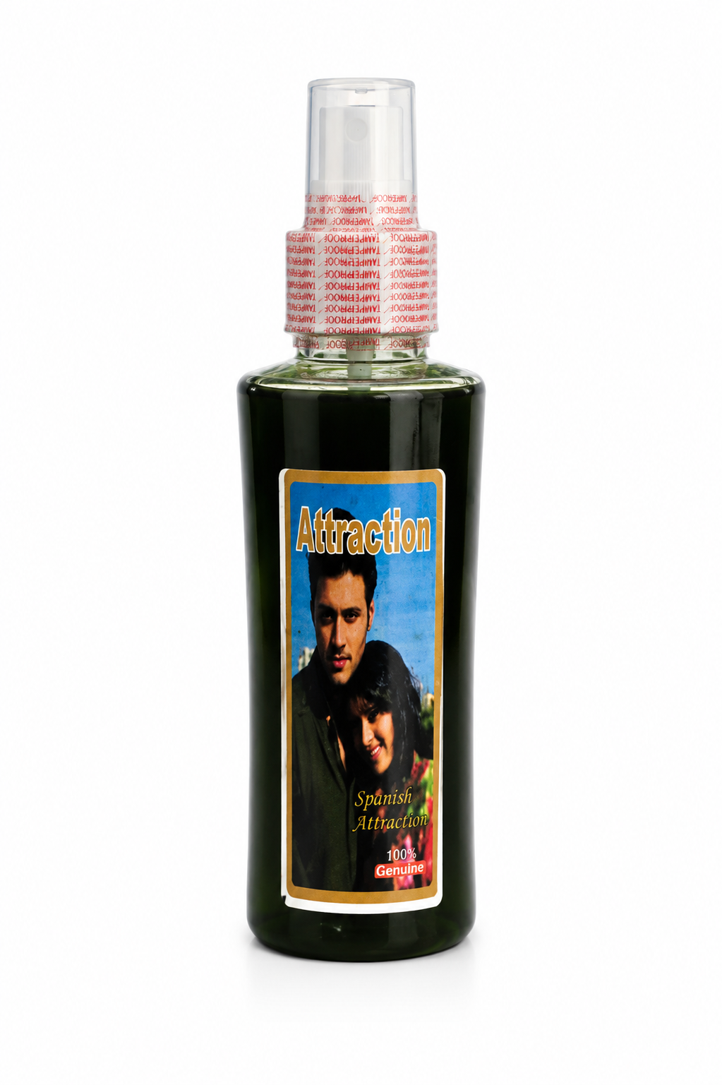 Bottle labeled 'Attraction' with a spray nozzle on a white background