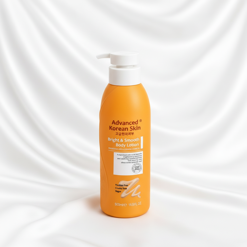 Advanced Korean Skin body care containers on a white draped fabric background:  bottle of Bright & Smooth Body Lotion.