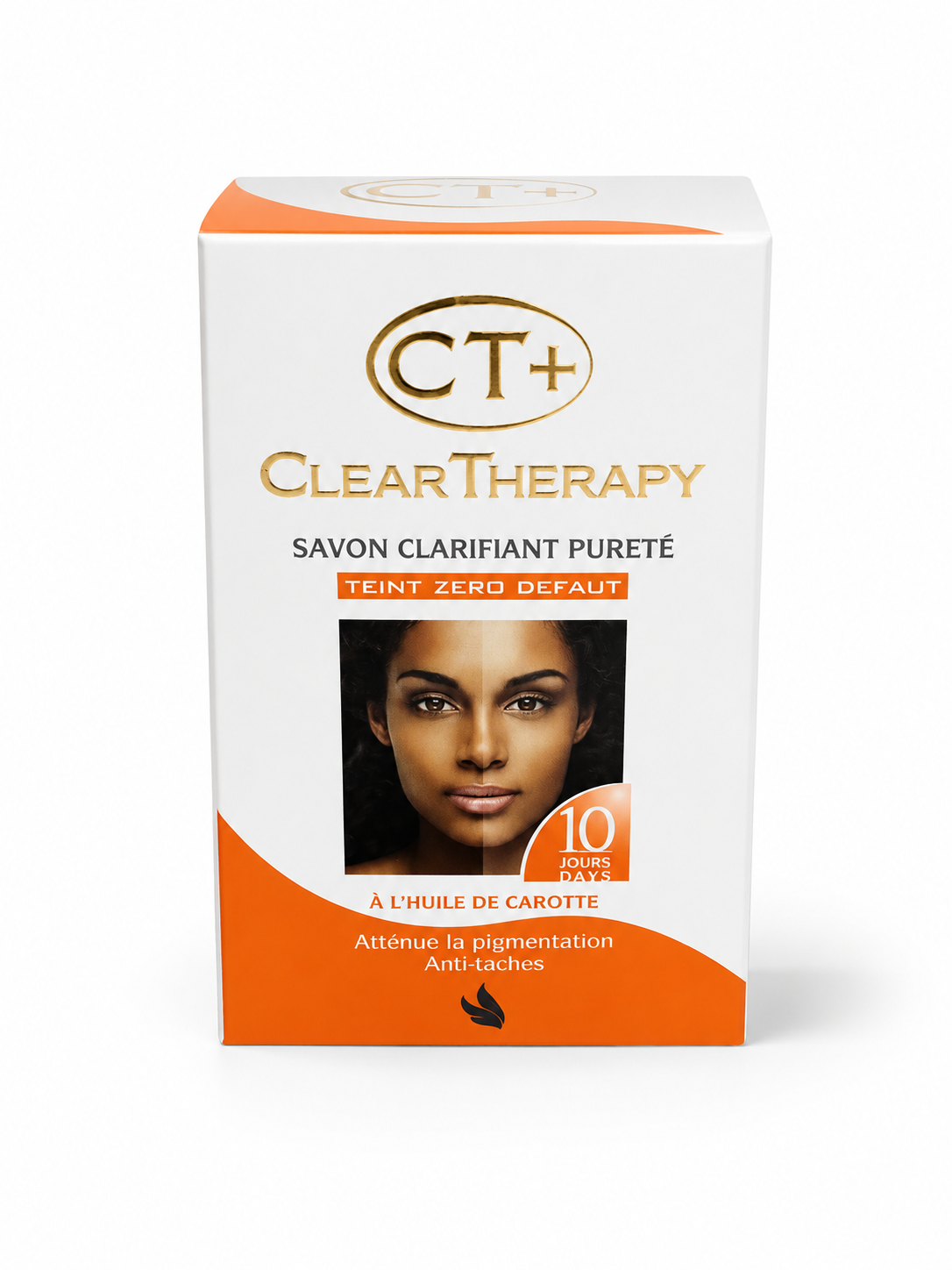 CT+ clarifying soap bar box, orange carrot oil design, skincare bar packaging