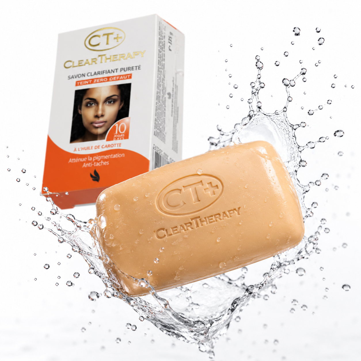Amber-orange clarifying soap bar with Clear Therapy logo, wrapped in water droplets