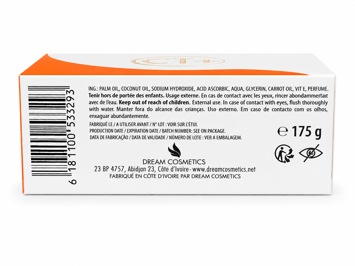 Clarifying soap bar box, white with ingredient label and 175 g net weight