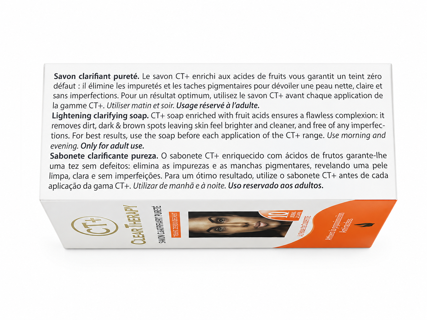 Clarifying soap bar packaging box with orange and cream design, CT+ logo