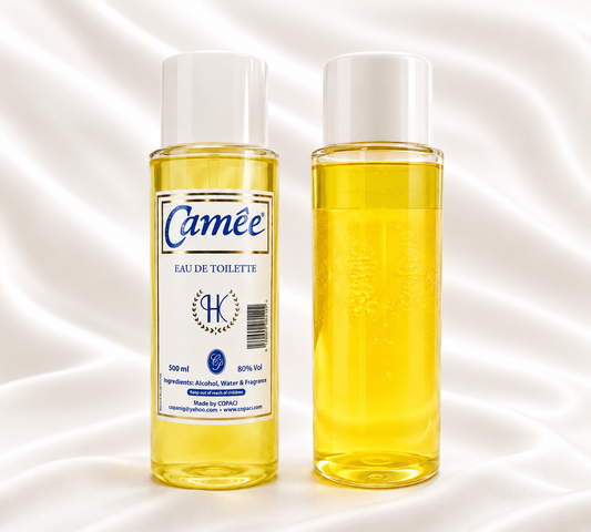Camée eau de toilette bottles, front and back views