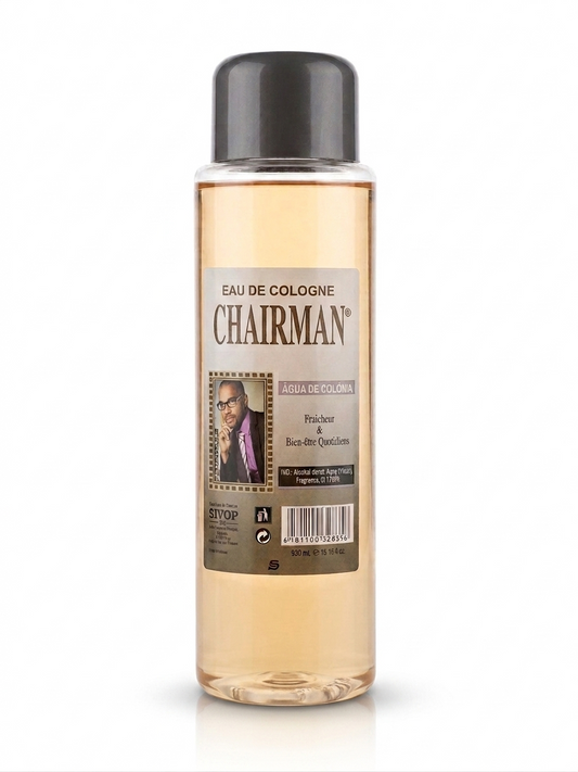 Amber eau de cologne bottle with black cap, Chairman back label and barcode.