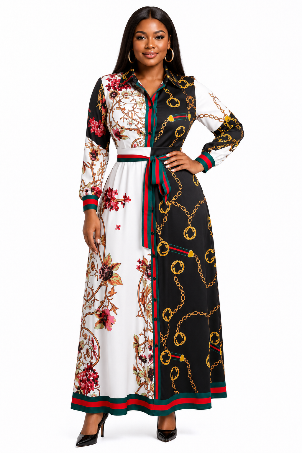 Women’s Black & White Colour Block Chain Print Maxi Dress – Floral Long Sleeve Belted Shirt Dress