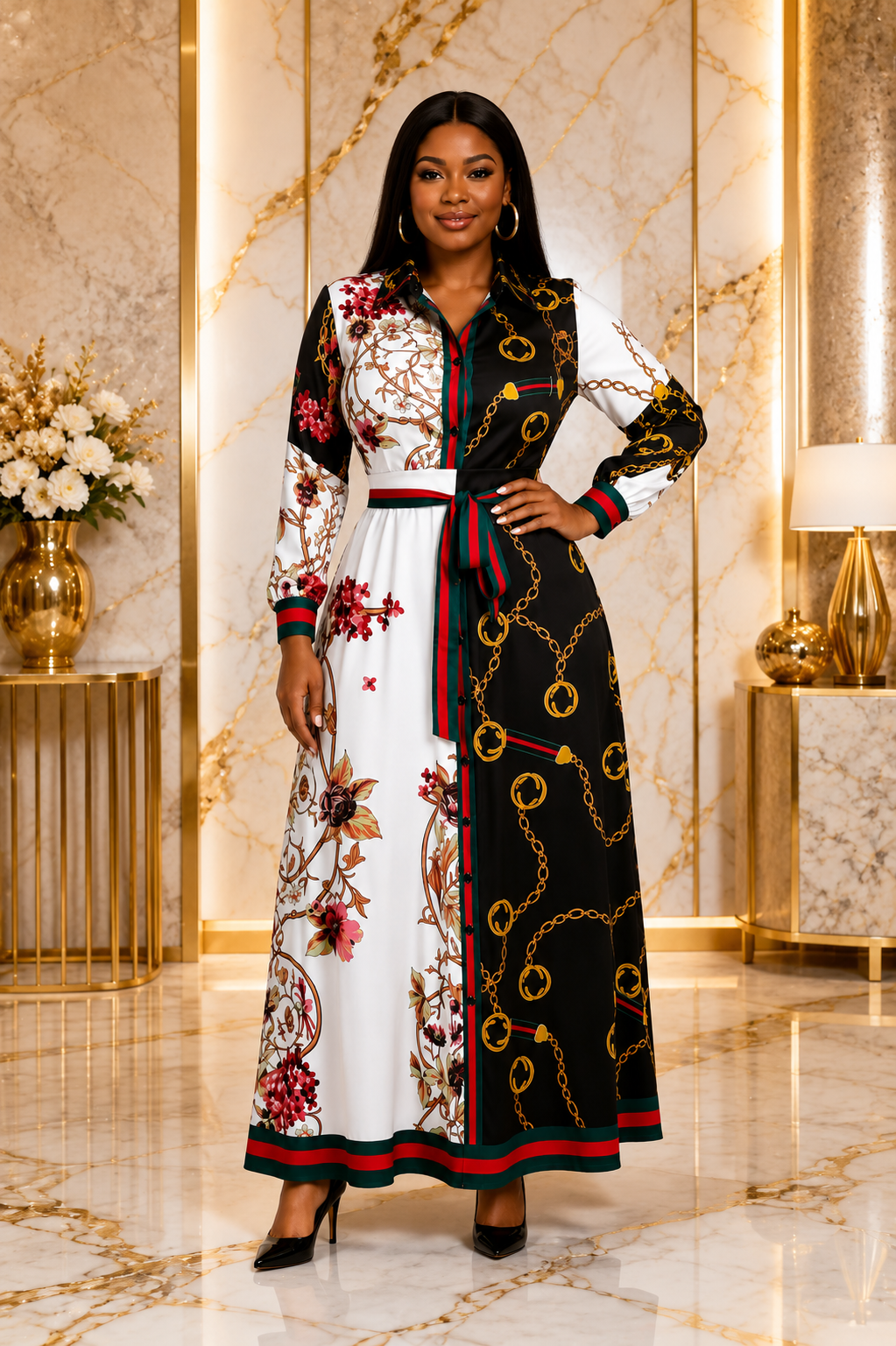 Women’s Black & White Colour Block Chain Print Maxi Dress – Floral Long Sleeve Belted Shirt Dress