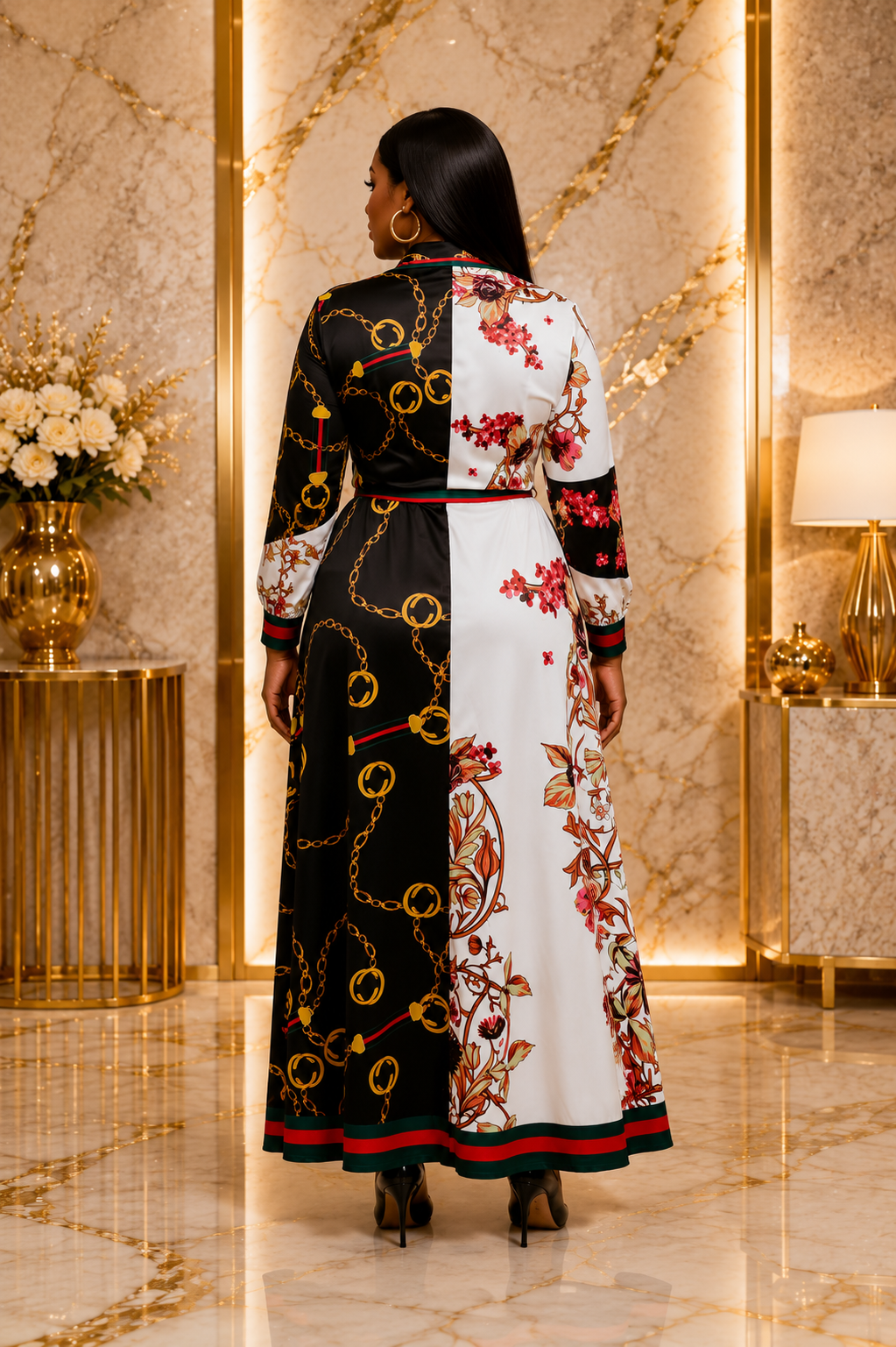 Women’s Black & White Colour Block Chain Print Maxi Dress – Floral Long Sleeve Belted Shirt Dress
