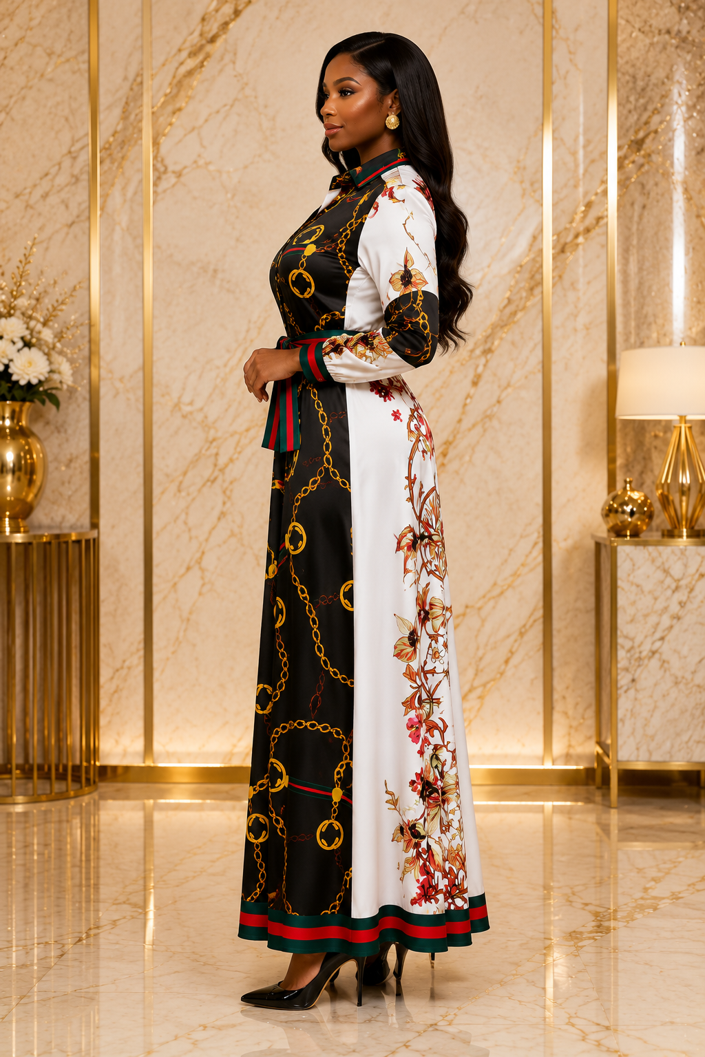 Women’s Black & White Colour Block Chain Print Maxi Dress – Floral Long Sleeve Belted Shirt Dress