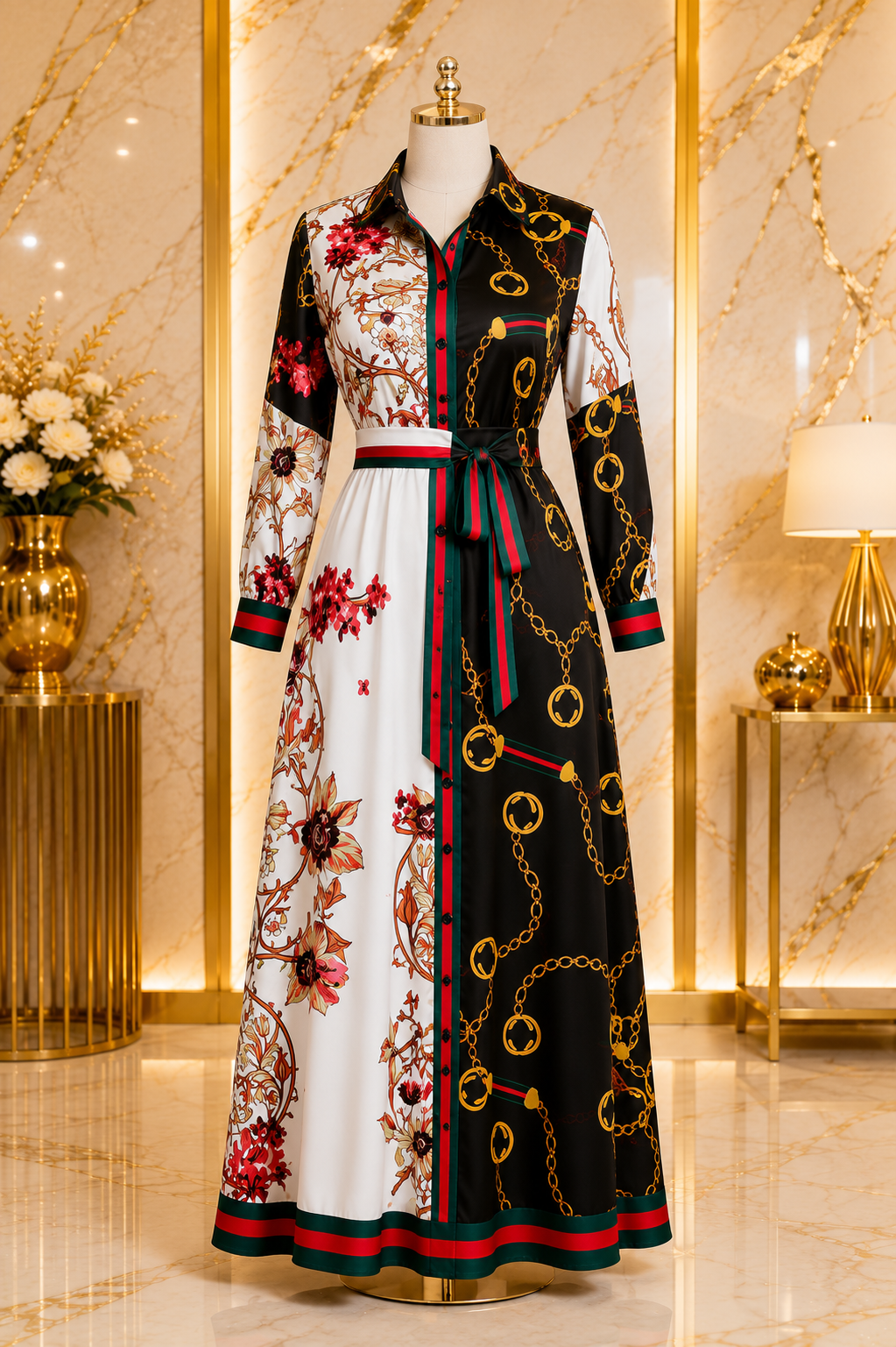 Women’s Black & White Colour Block Chain Print Maxi Dress – Floral Long Sleeve Belted Shirt Dress