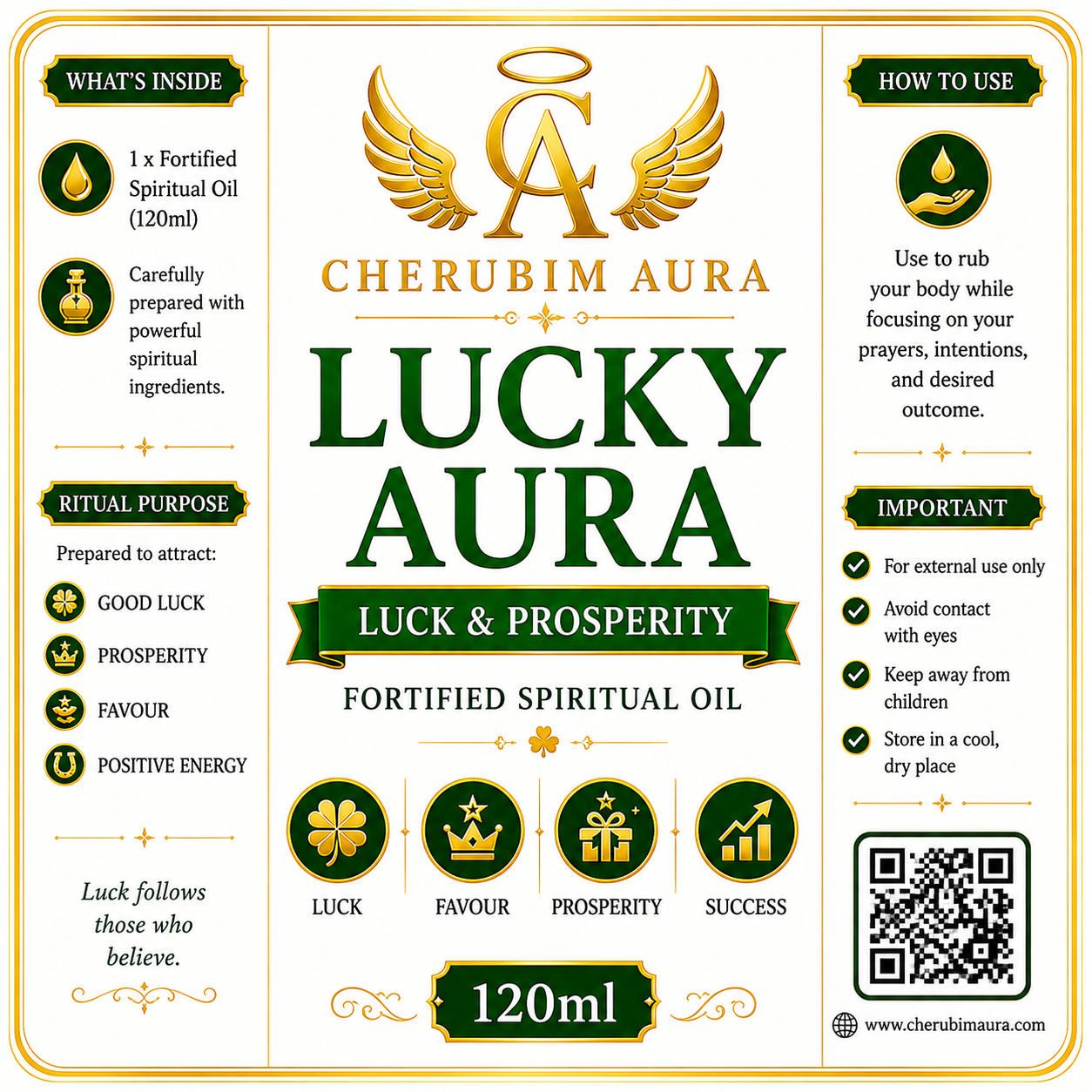 Cherubim Aura Lucky Luck & Prosperity Fortified Spiritual Oil – 120ml