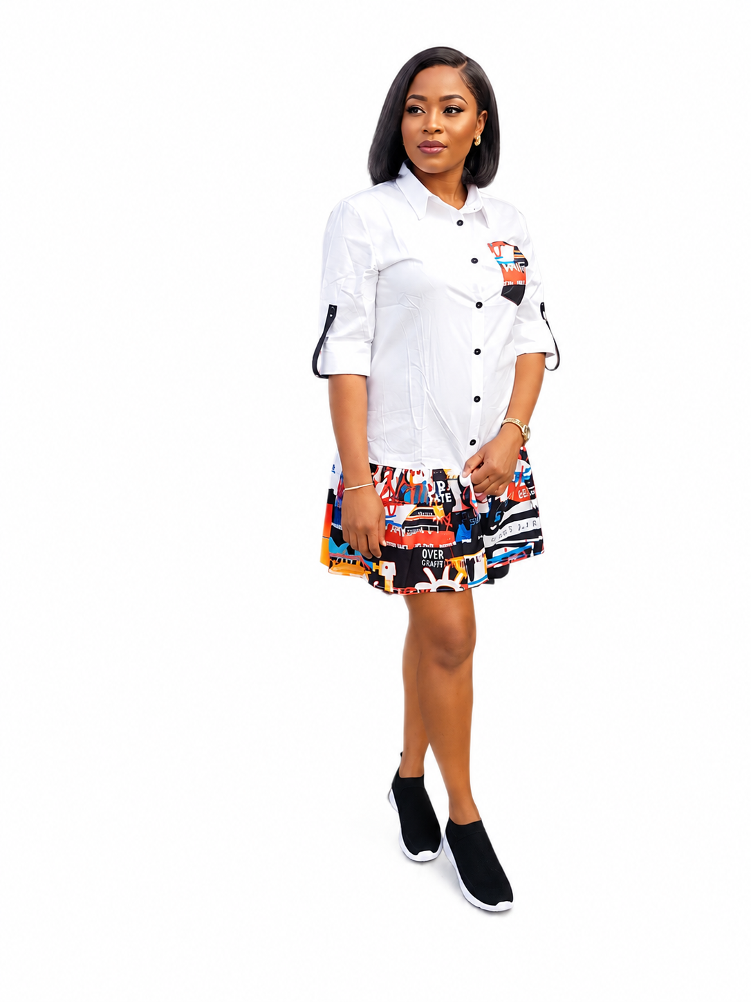 Women's Graphic Print Shirt Mini Dress with Roll-Up Sleeves | Button Front Casual Collared Dress