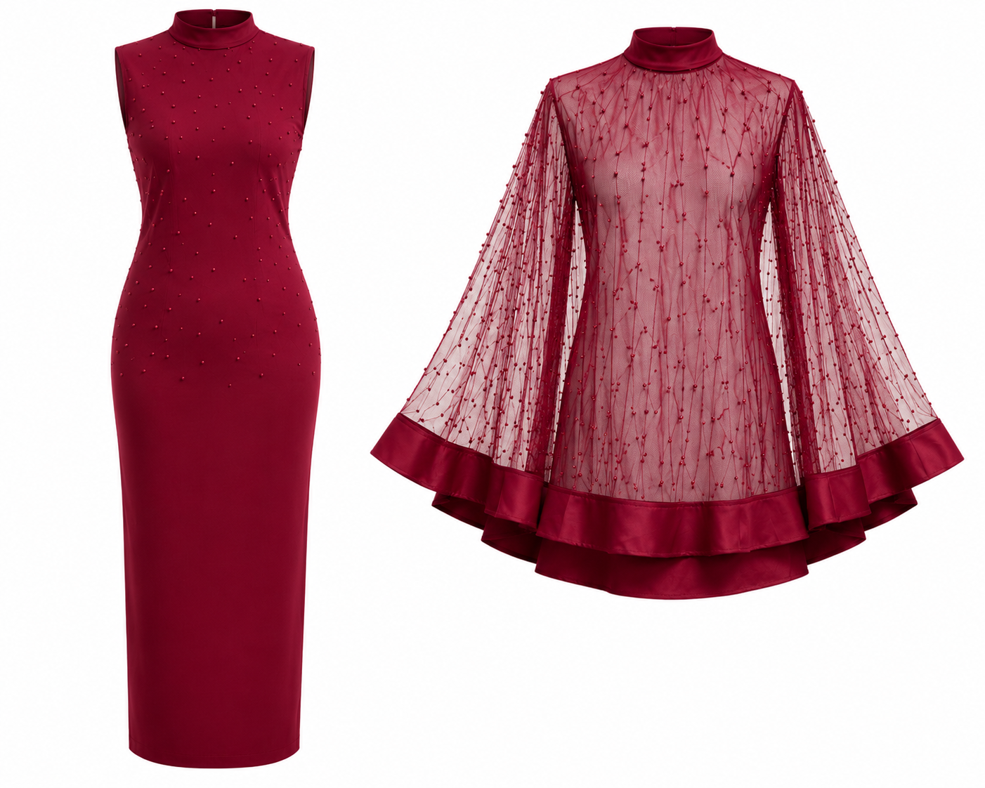 Women’s 2-Piece Elegant Occasion Dress Set – Sleeveless Maxi Dress with Beaded Sheer Cape Overlay
