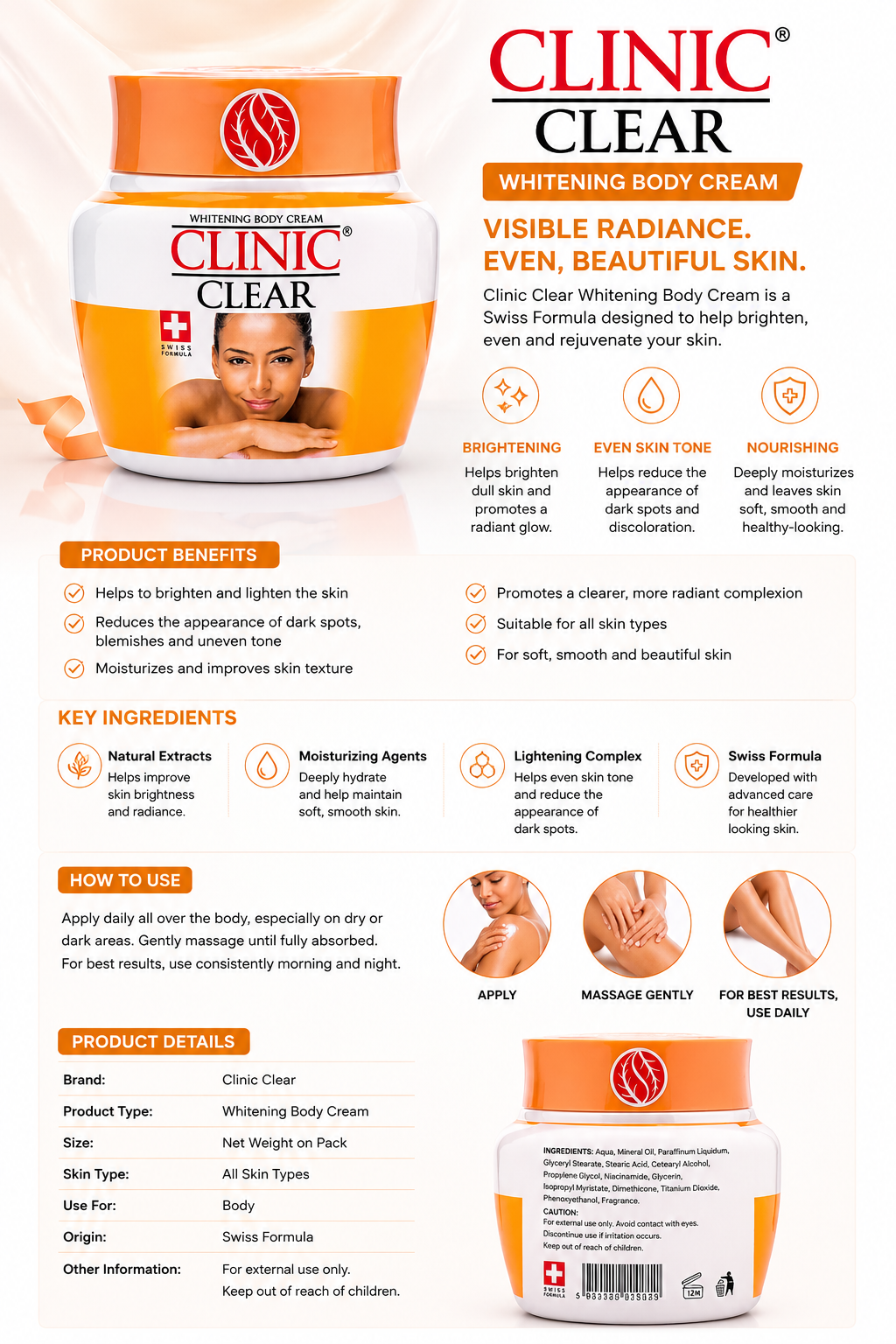 Clinic Clear Whitening Cream 330g - Brightening Body Lotion