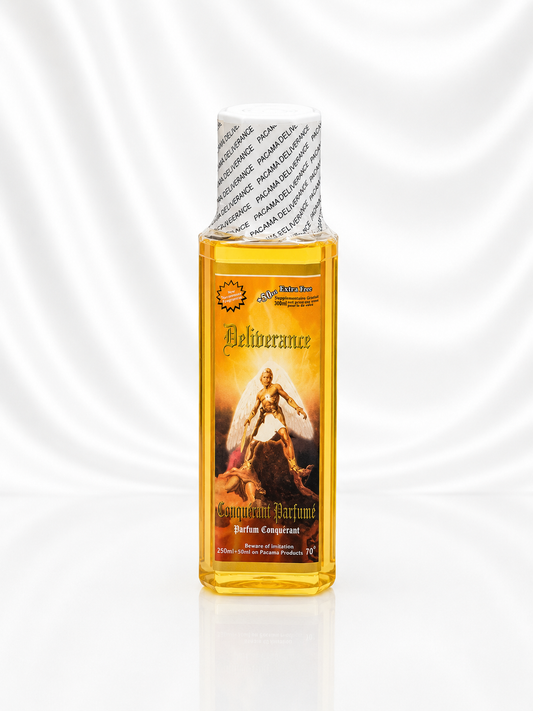 Deliverance spiritual perfume bottle, amber liquid, white-capped bottle with rider label