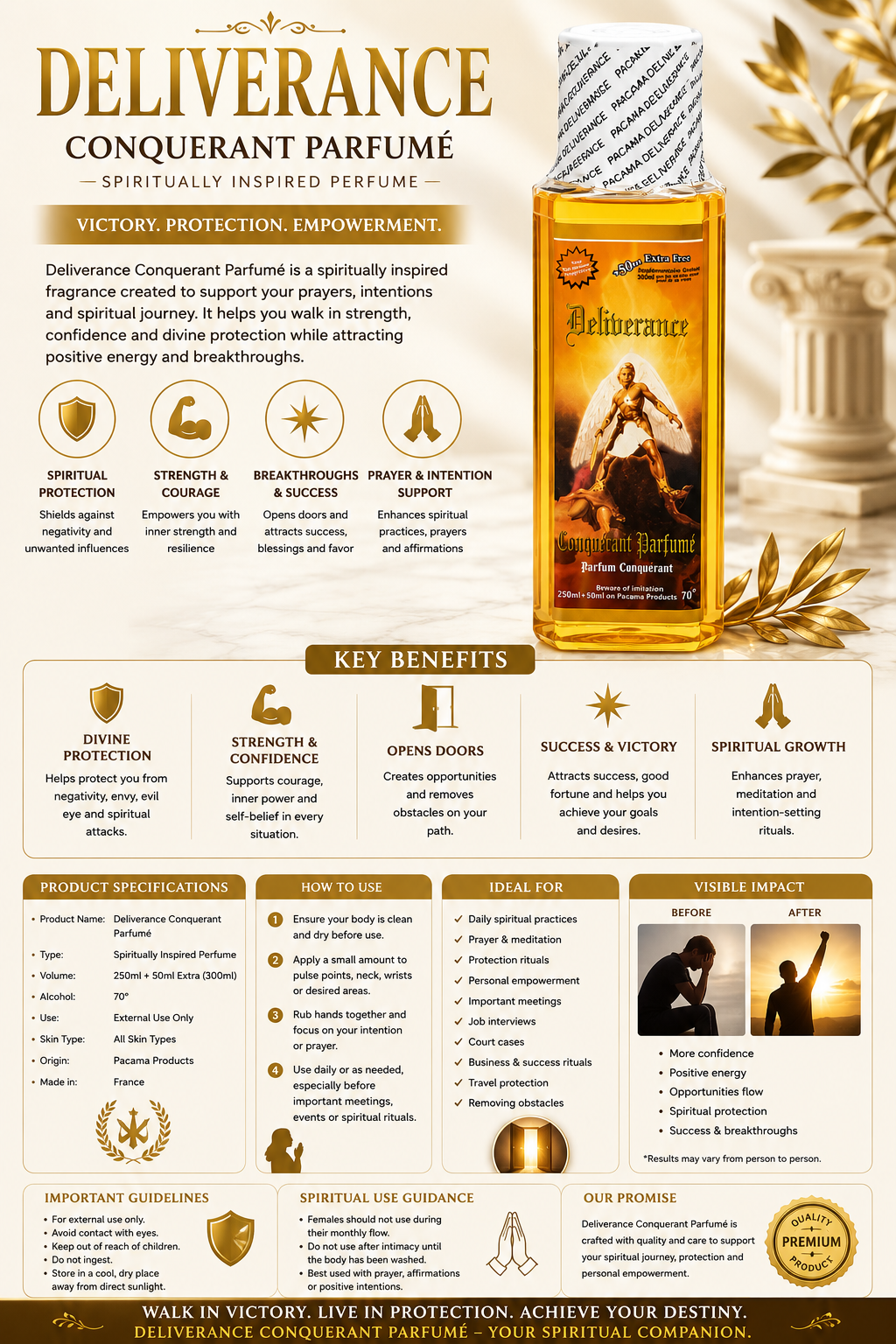 Deliverance Conquerant Parfum with product details and benefits on a decorative background