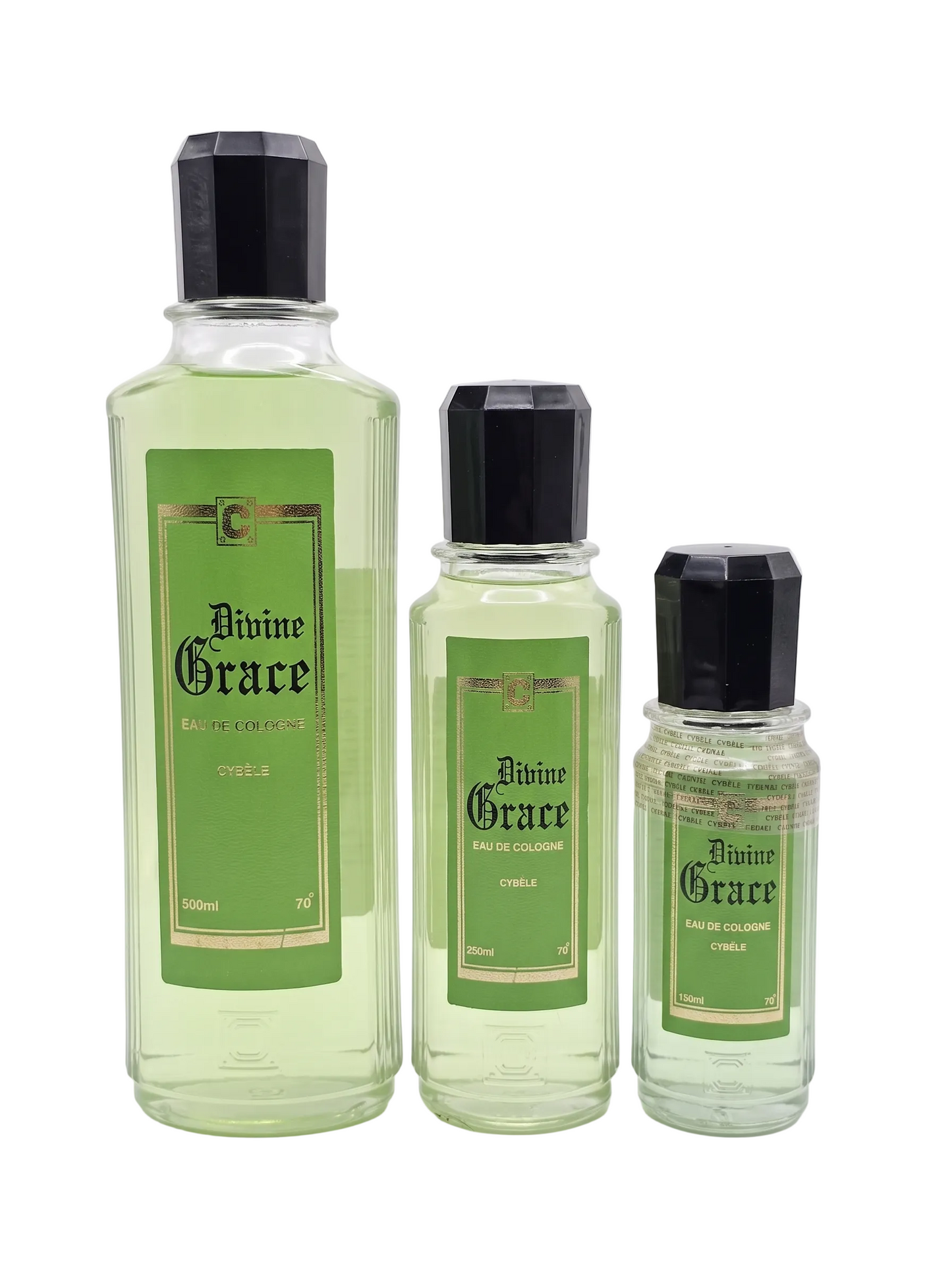 Three bottles of 'Divine Grace' cologne on a white background