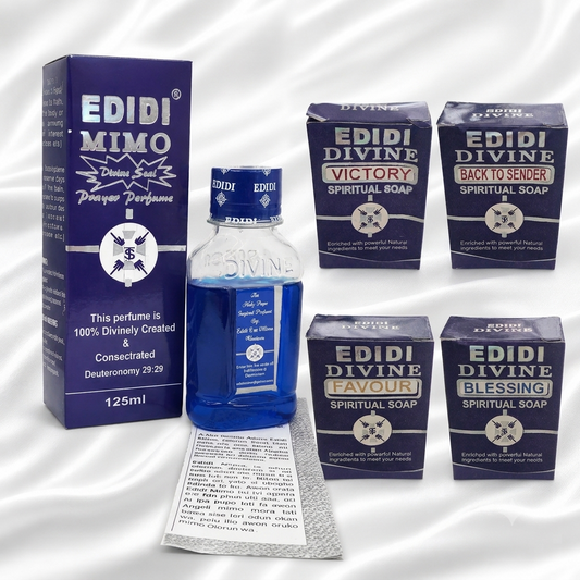 Edidi Mimo divine prayer perfume bottle with Victory and Blessing spiritual soaps, leaflet