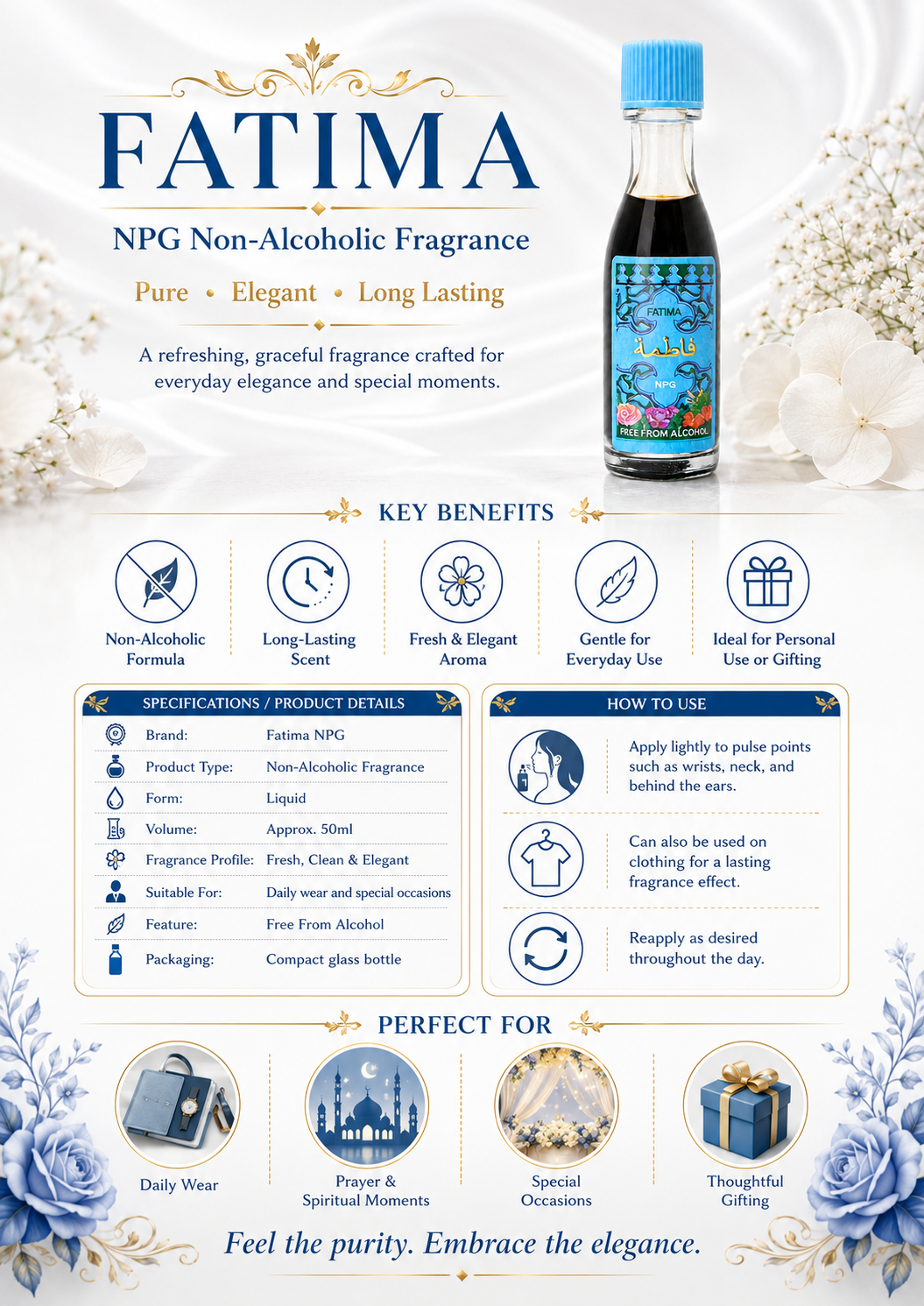 Fatima NPG Non-Alcoholic Spiritual Fragrance 50ml – Pure, Elegant & Long-Lasting Aura Perfume