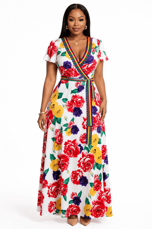 Floral Multicoloured Trim Maxi Dress  V-Neck Flutter Sleeve Dress - Maxi Dress - Cherubim Aura