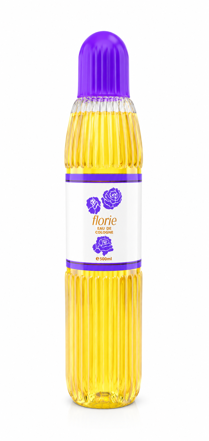Yellow bottle with purple cap and label on a white background
