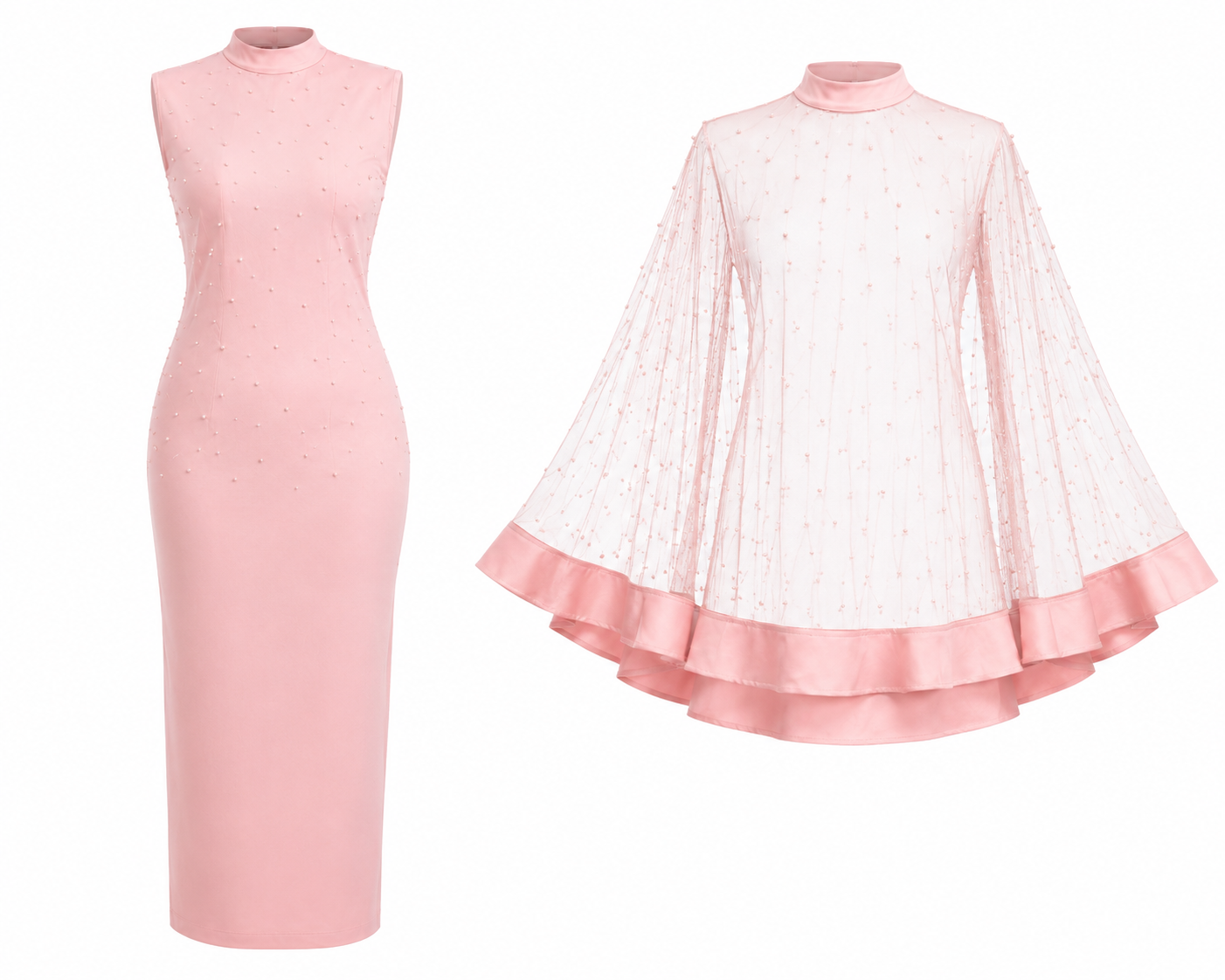 Women’s 2-Piece Elegant Occasion Dress Set – Sleeveless Maxi Dress with Beaded Sheer Cape Overlay