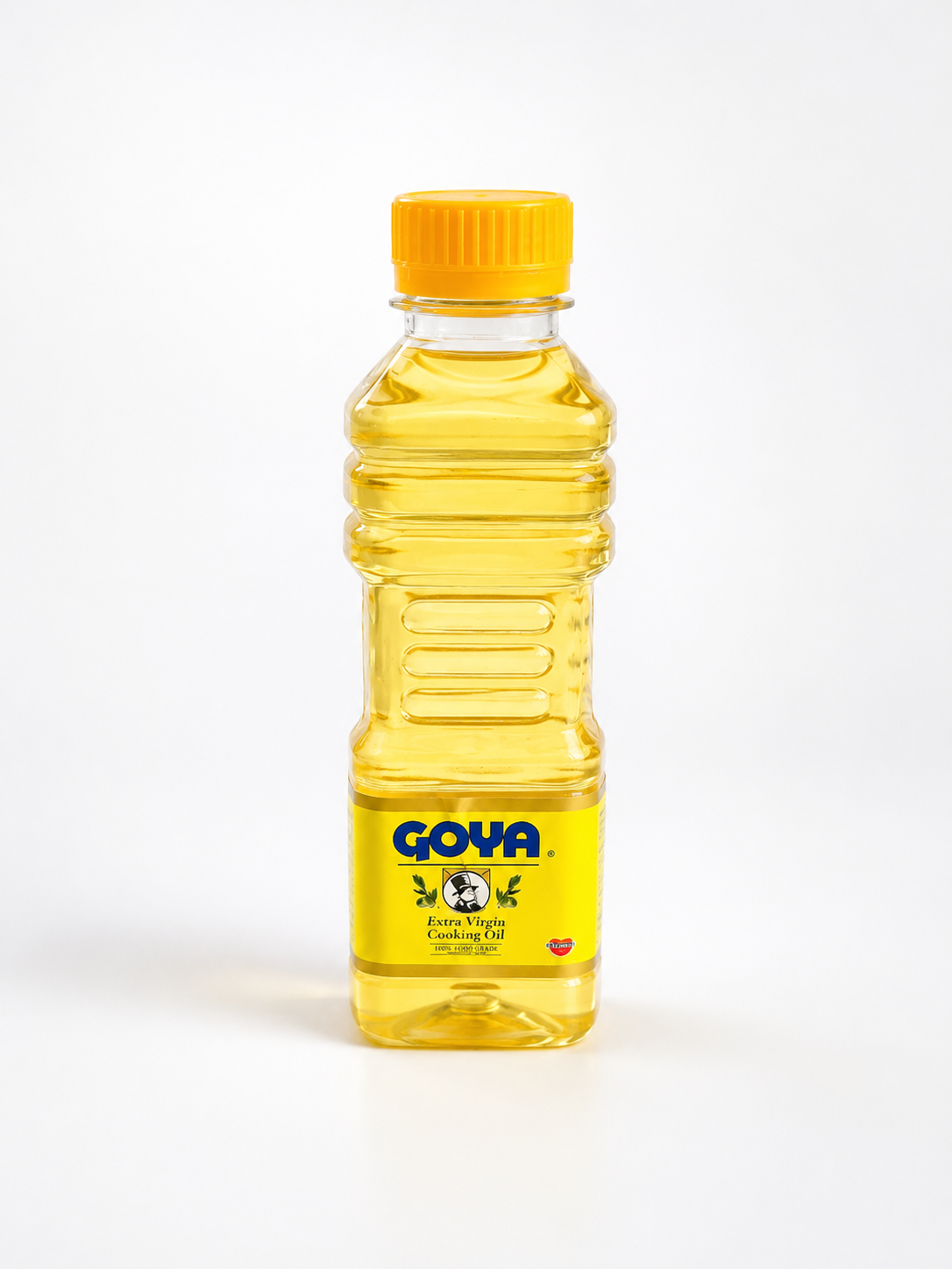 A bottle of Goya Extra Virgin Olive Oil with a bright yellow cap and a yellow label featuring the blue Goya logo, set against a plain white background.