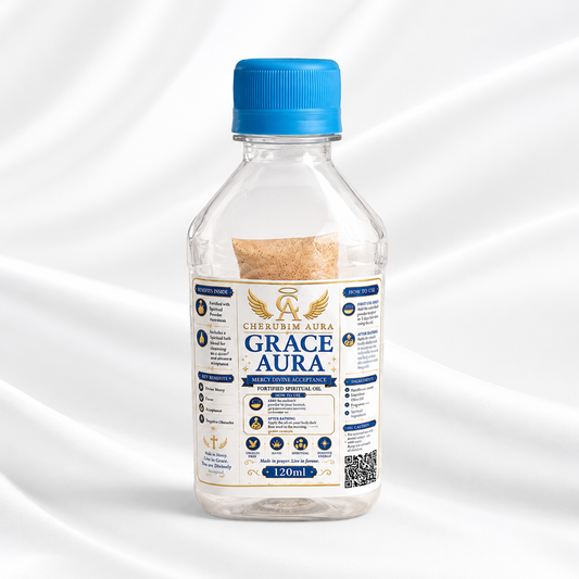 Cherubim Aura Grace spiritual oil, 120 ml, clear bottle with blue cap, front label