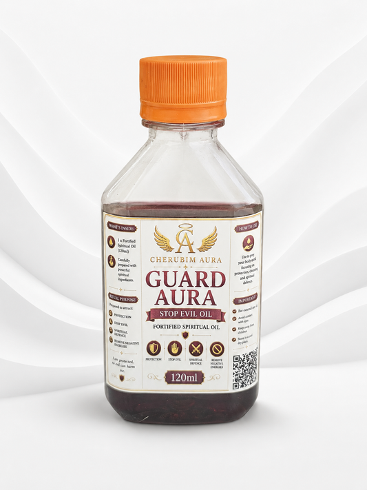 Spiritual oil bottle, orange screw cap; label on front with dark liquid at base