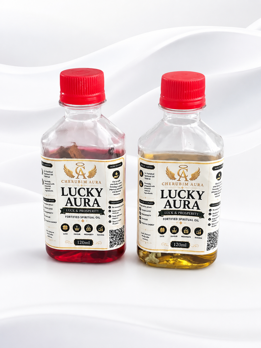 Cherubim Aura Lucky Aura fortified spiritual oil bottles, 120ml, two-color red and amber