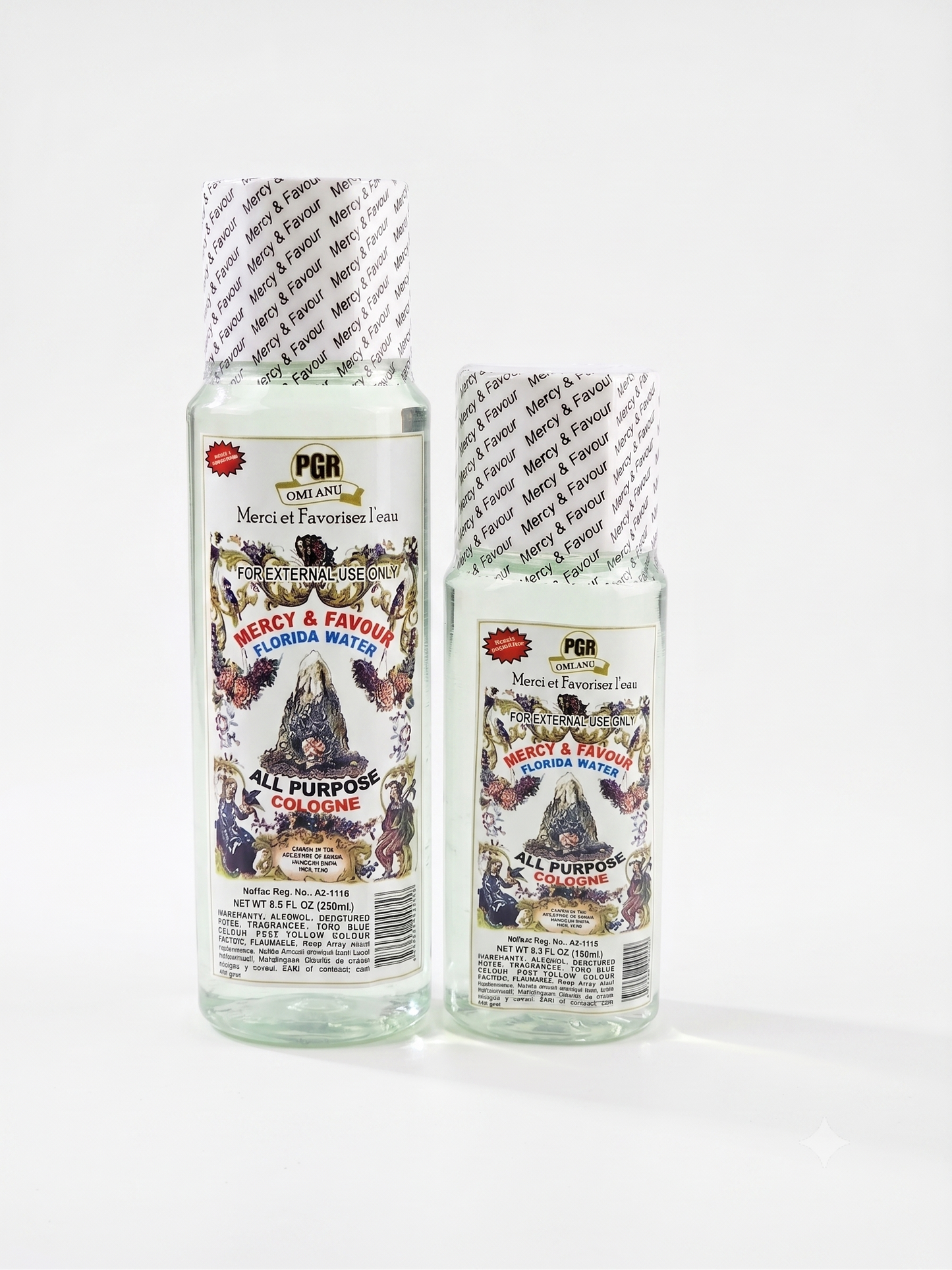 Two bottles of Merci et Faveur Florida Water on a white background