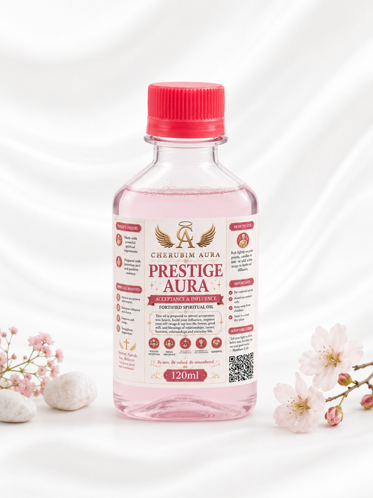 Cherubim Aura Prestige oil bottle with red cap and pink liquid, front label, 120 ml
