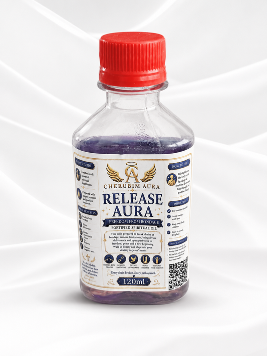 Spiritual oil bottle with red cap, clear glass filled with dark purple oil