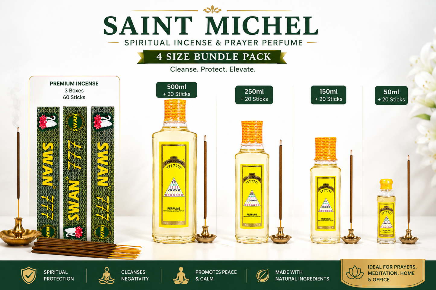 Seven Points St. Michael Prayer Perfume & Swan 777 Premium Incense Bundle | 500ml, 250ml, 150ml & 50ml Fragrance Collection