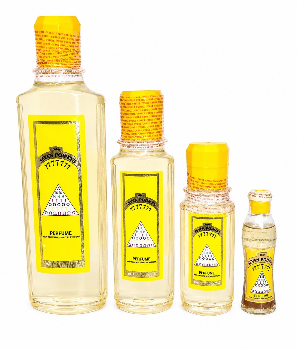 Set of four perfume bottles with yellow caps and labels on a white background