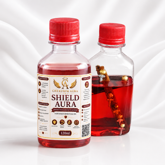 Shield Aura fortified spiritual oil bottle, 120ml, with red cap and front label