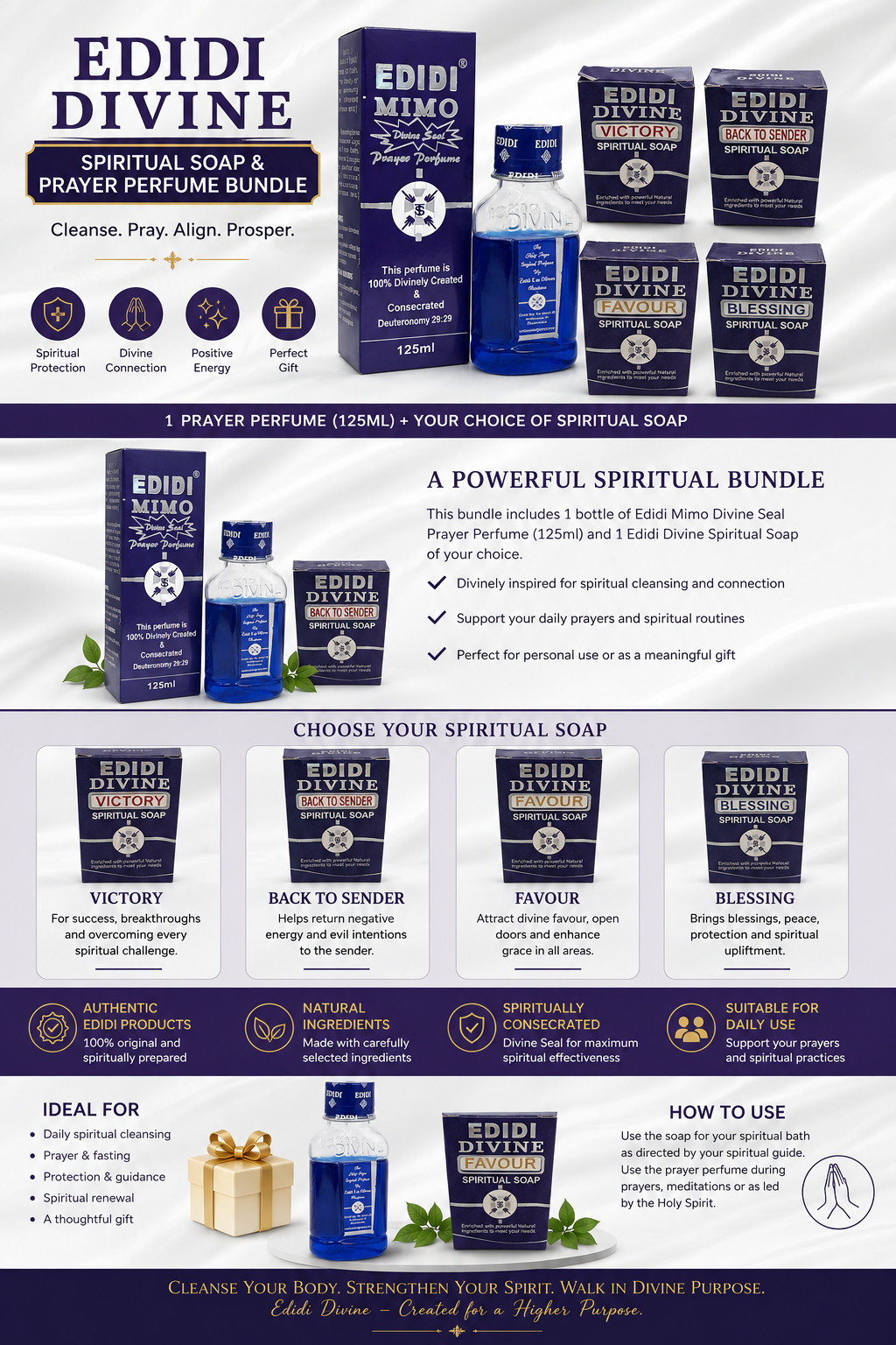 A promotional bundle graphic for Edidi Divine Spiritual Soap & Prayer Perfume, showing multiple navy and white product boxes, bottles, and sachets arranged on a white background with text callouts and icons.